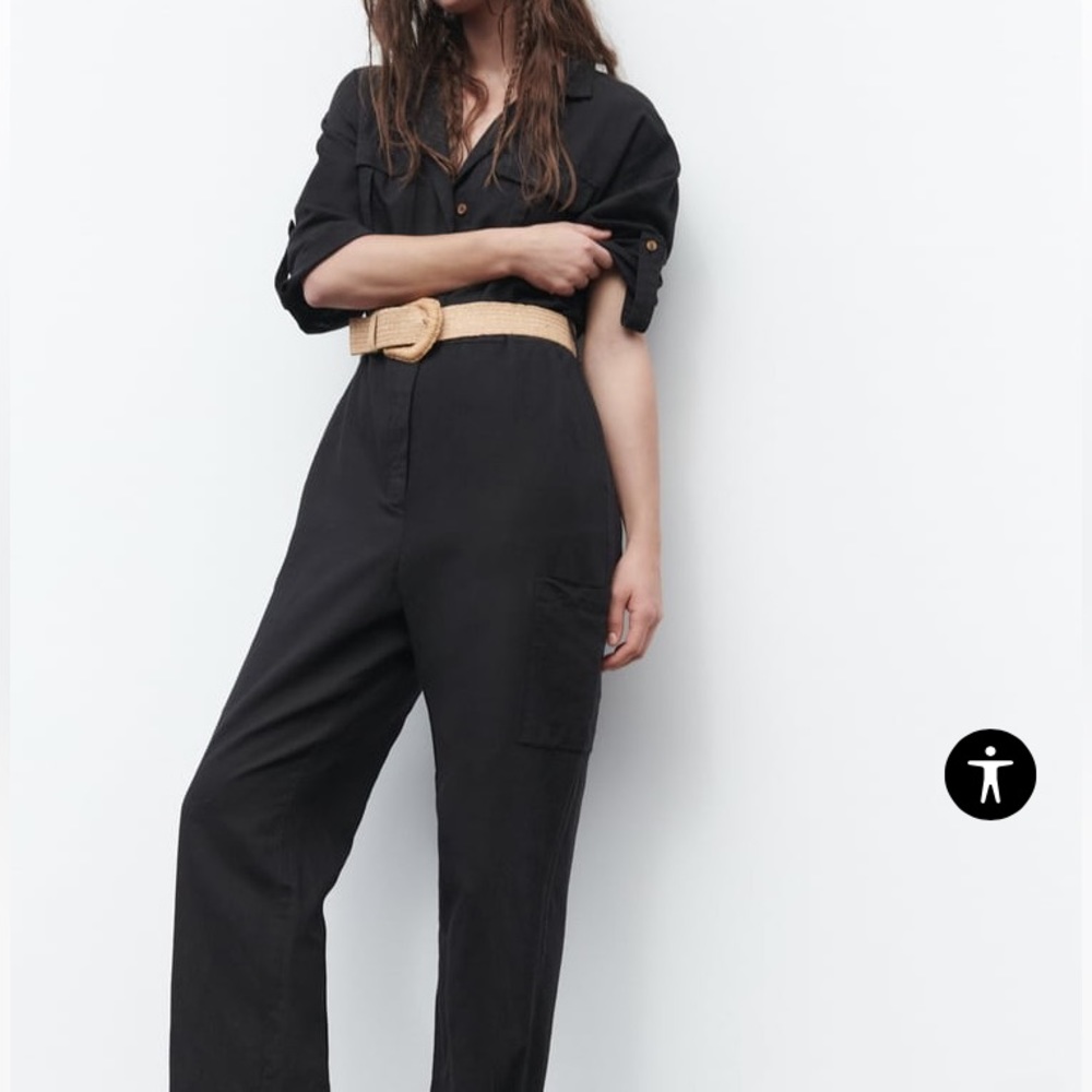 Zara -  Black Belted Linen Blend Jumpsuit Sz S